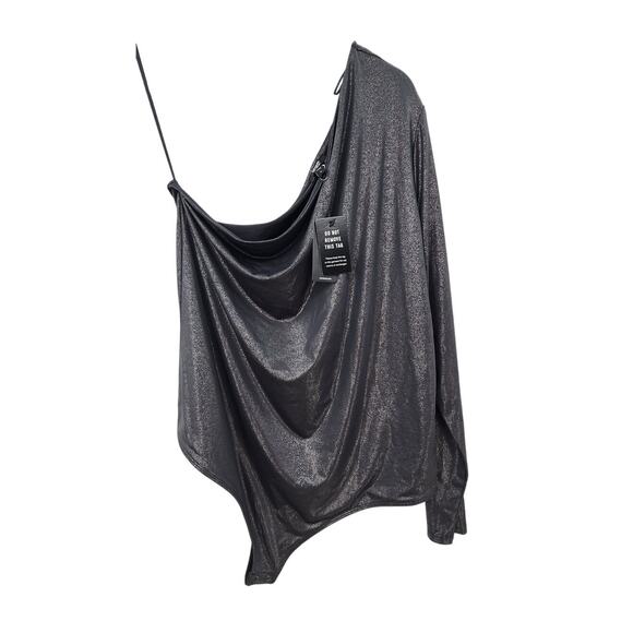 New NWT Express Body Contour One Sleeve Metallic Thong Body Suit XL Black Silver - Picture 6 of 10